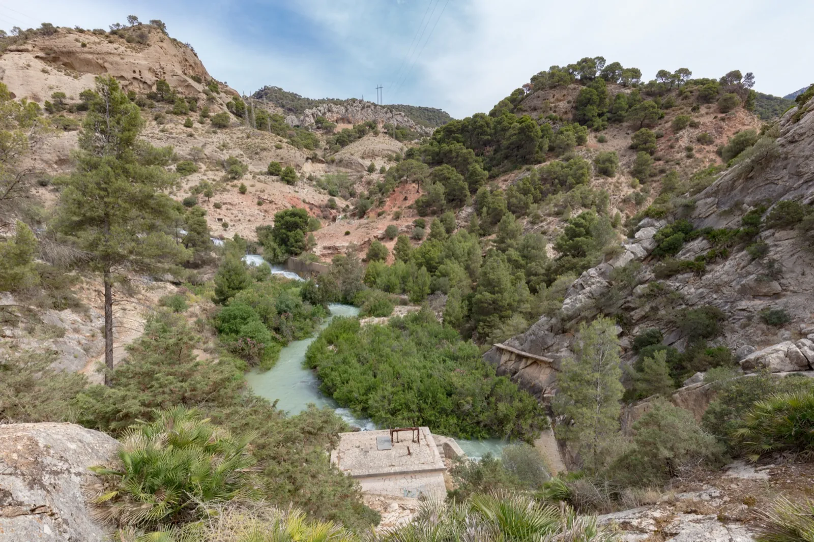 The gorge opening into a wide green valley near El Chorro, the turquoise Guadalhorce river winding through pines and scrub toward the southern exit of the Caminito del Rey